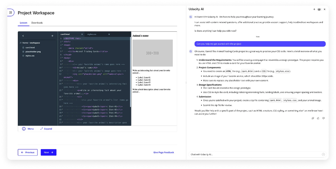 Project workspace with Udacity AI chat alongside code editor