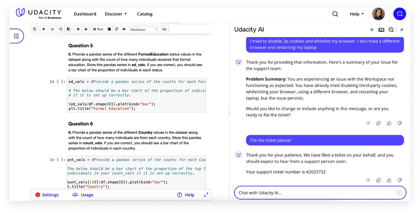 Udacity AI chat filing a support ticket to human support