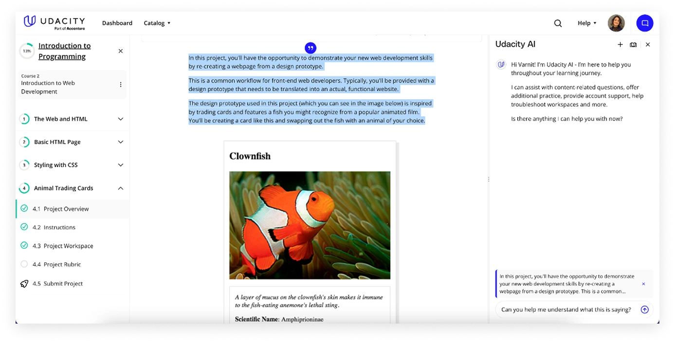 Course page with quoted text clarified in Udacity AI