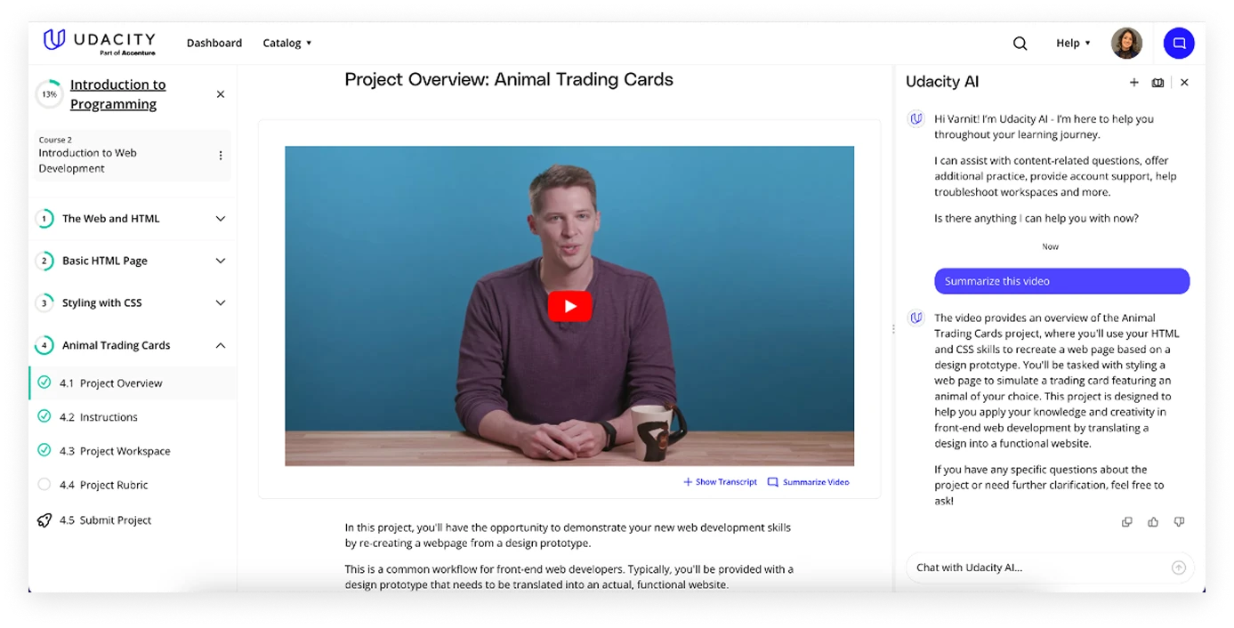 Course video with summarize video action in Udacity AI