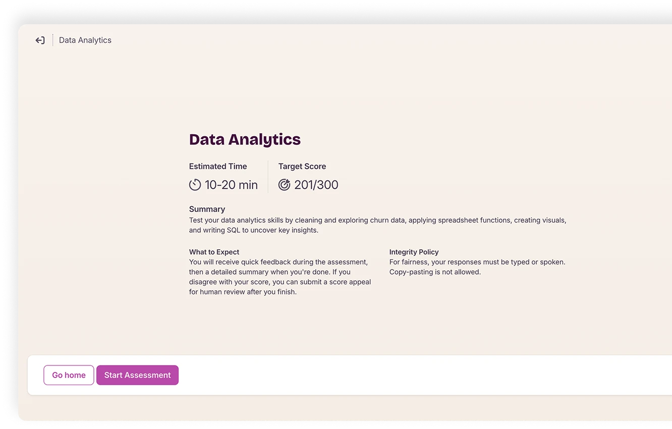 Skills benchmark assessment interface
