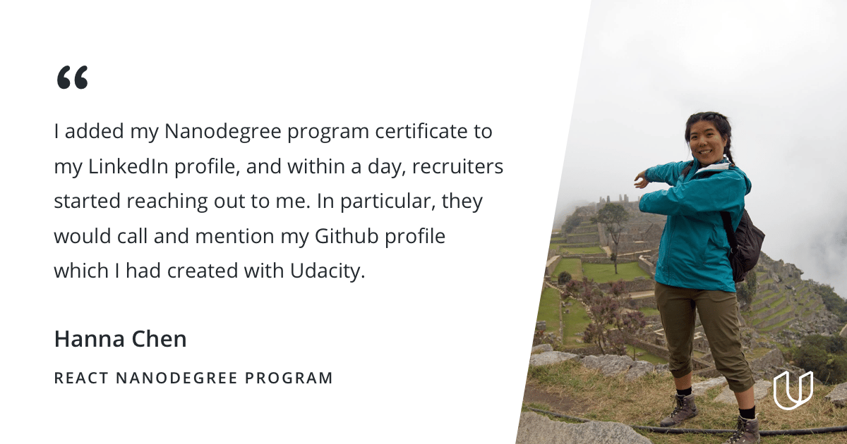 Hanna Chen Udacity React student quote