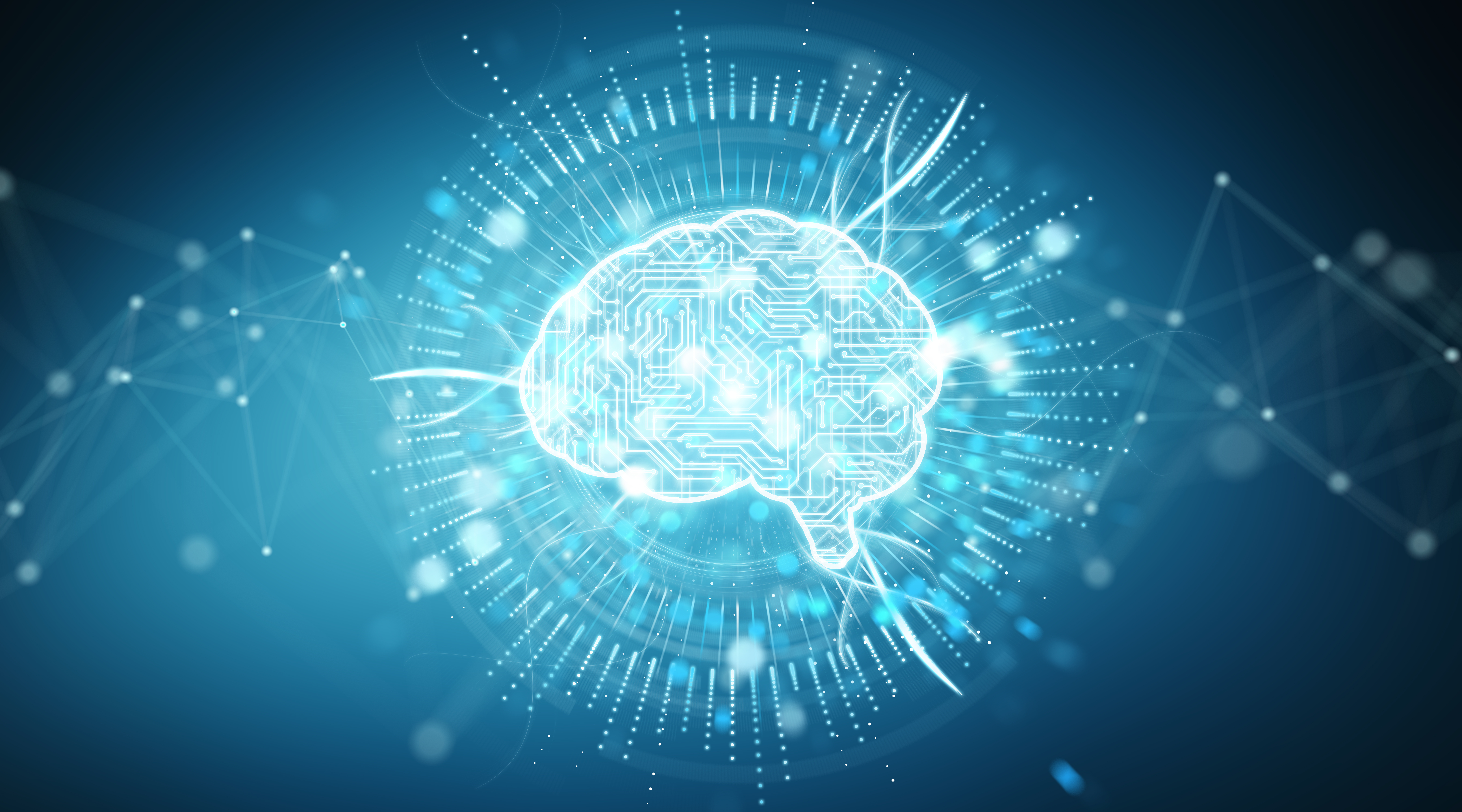 Digital artificial intelligence computer brain icon hologram on blue background 3D rendering