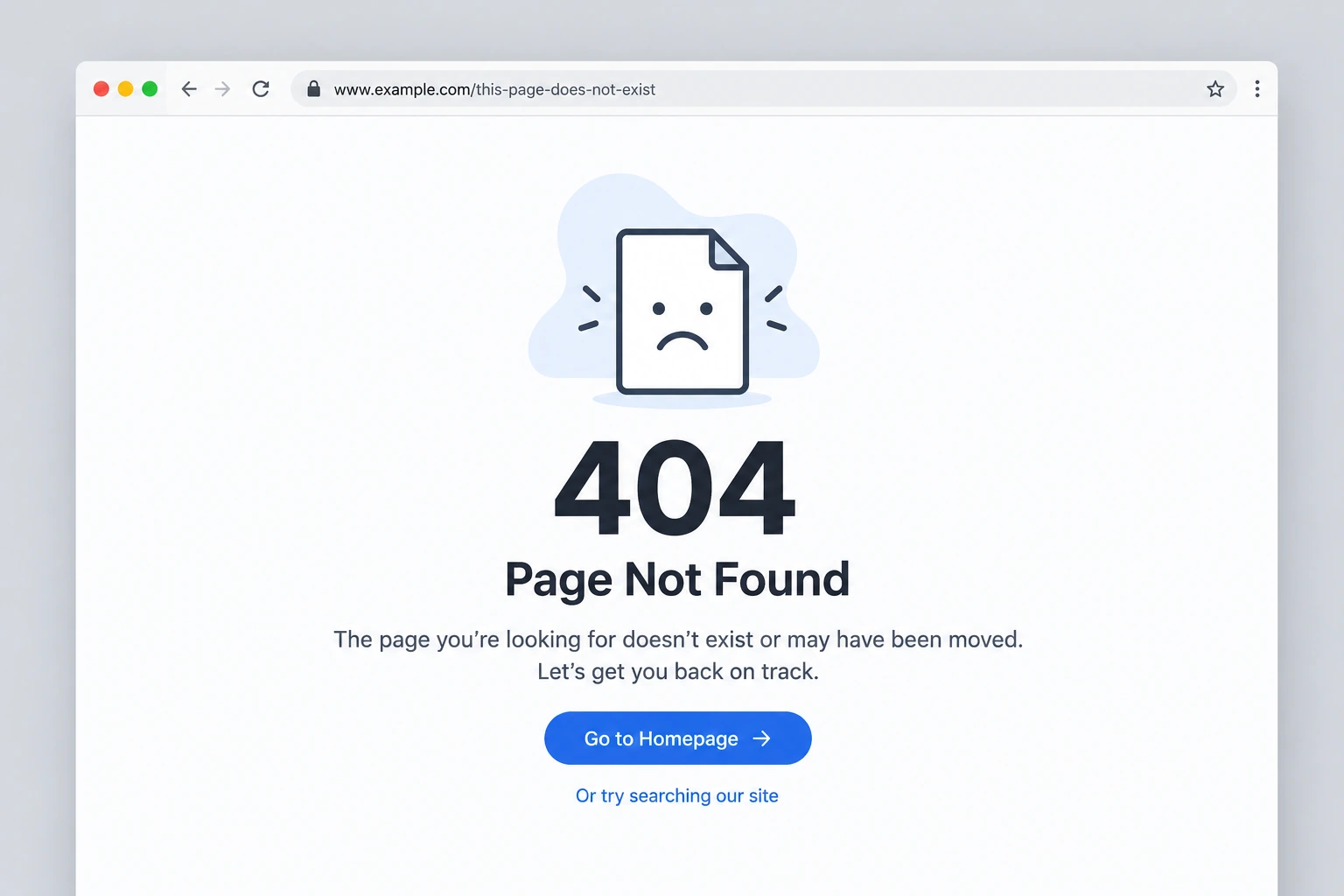Custom 404 error page example with a Page Not Found message and homepage button