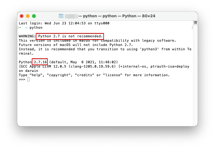 The Python 2 prompt on macOS.