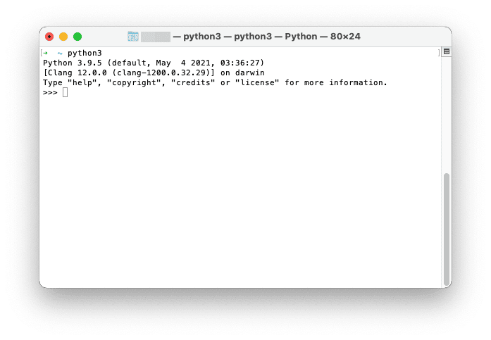 The Python 3 prompt that we’re looking for on macOS.
