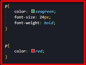 CSS Sample code showing two separate  color styles applied to the paragraph element